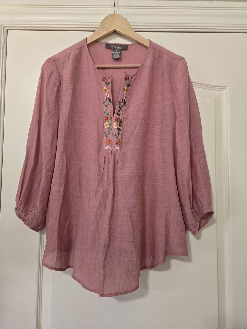Olivia & Martin Rose Pink Embroidered V-Neck Peasant Blouse